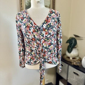 Loft Womens Top Rayon Floral Long Sleeve Vneck Tie Front Size Small - Picture 1 of 10