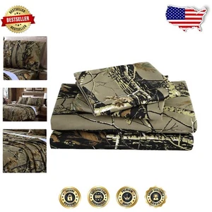 4-Piece King Size Deep Pocket Sheets - Soft Nature Camo Print for All Seasons - Picture 1 of 7