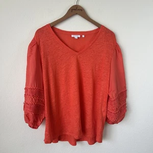 Camicia Chicos top donna XL arancione lino boho contadino manica a palloncino orlo all'uncinetto - Foto 1 di 8
