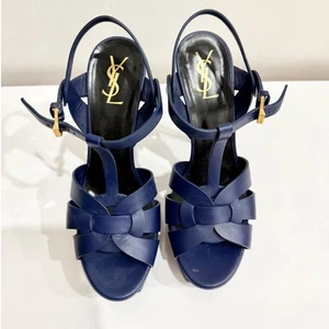 Yves Saint Laurent Tribute Leather Ankle Strap Platform Sandals Navy Womens 39 - Imagen 1 de 7