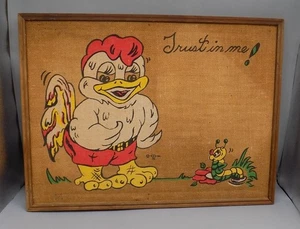 Vintage Tandy Corp. Burlap Bulletin Board Trust in Me Chicken Worm Cartoon 70's - Picture 1 of 13