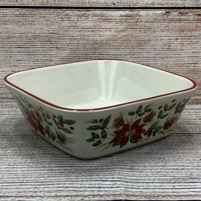 Longaberger Cuenco Cuadrado para Servir Navidad Poinsettia Cono de Pino Acebo Foto 1 de 4