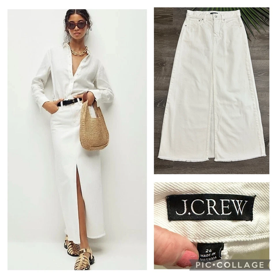 Saia maxi jeans feminina J Crew 26/2 branca fenda frontal bainha crua cintura alta clássica - Imagem 1 de 4