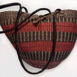 Vintage Woven Jute Leather Strap Straw Sisal Market Round Tote Shoulder Bag - Picture 1 of 10