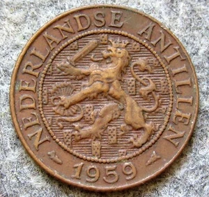 NETHERLANDS ANTILLES JULIANA 1959 2-1/2 CENTS Dutch Lion with Sword, BRONZE - Picture 1 of 6