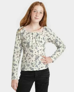 NEW Art Class Ruched Ribbed Floral Top Long Sleeve Cream Ivory Size XXL (18) - Picture 1 of 1