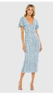 Mac Duggal Pailletten V-Ausschnitt Flatterärmel wadenlang Kleid blau 93951 Neu mit Etikett Gr. 10 - Bild 1 von 3