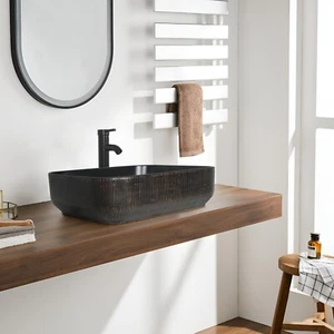 Fregadero de cerámica negra rectangular, lavabo lavabo de baño con grifo y desagüe - Imagen 1 de 6