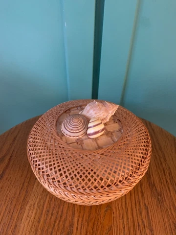 Woven Round Lidded Basket Storage Jewelry Box Boho Home Decor w Seashells Cover
