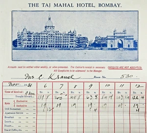 Vintage Taj Mahal Hotel Bombay Mumbai India Receipt Billhead British Empire 1931 - Picture 1 of 5