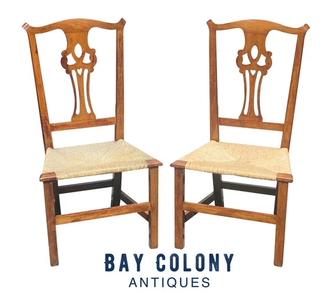 18TH C ANTIQUE PAIR OF CHIPPENDALE SIDE CHAIRS WITH RUSH SEAT & HEART CARVING Cover