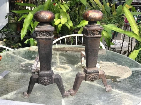 Cahill Hammered Metal Andirons Pair, Bronze Patina Fleur de Lis Cahill Andiro Cover