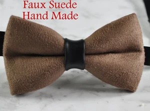 MEN WOMEN Caramel Brown Faux Suede Black  Leather Bow tie Bowtie Wdding Party  - Picture 1 of 4