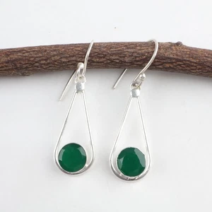 925 Silver Round Green Onyx Delicate Dangle Drop Daughter Fine Wedding Earrings - Picture 1 of 8