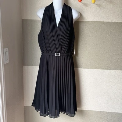 全新带标签 J. Ribkoff Couture 女式 16 黑色打褶鸡尾酒礼服腰带闪亮 V 领 — 第 1/4 张图片