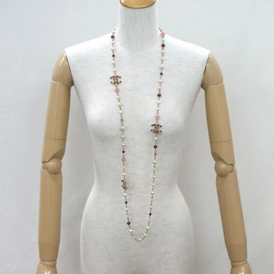 Chanel 3 Coco Mark Collar Cadena Larga Perla Multicolor Piedra Champagne Oro Foto 1 de 4