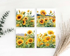 Sunflower Fields Coasters Set of 4 Handmade Ceramic Tile / Stone Drink Coasters - Picture 1 of 5