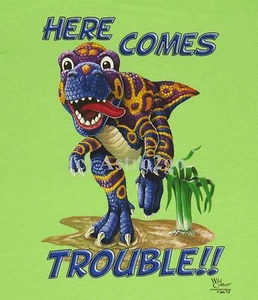 HERE COMES TROUBLE!!-T Rex Dinosaur Jurassic Toddler Kids T shirt 4T XS S L NEW - Picture 1 of 2