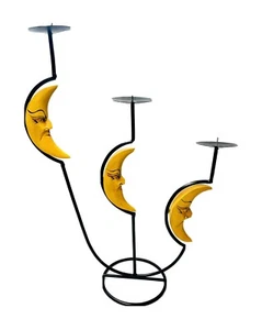 Portacandele tripla mezzaluna luna supporto in ferro dipinto a mano tribale 17" - Foto 1 di 10