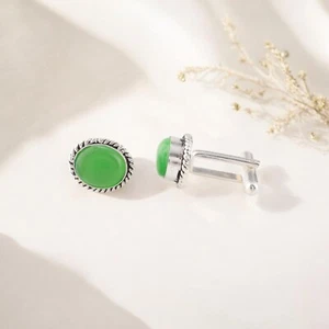 Natural Green Cat's Eye Gemstone 925 Sterling Silver Handmade Jewelry Cufflinks - Picture 1 of 4