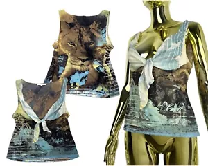 Archivalš„ Spring 2002 Rare Roberto Cavalli Vintage Lion Print Tie Neck Top - Picture 1 of 10