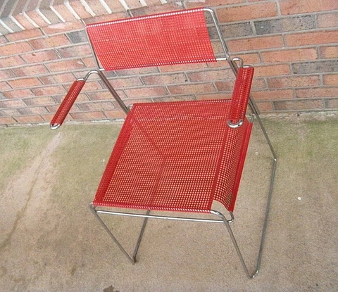 Vintage Tomado Mid Century Modern Stacking Chrome & Red Metal Mesh Arm Chair Cover