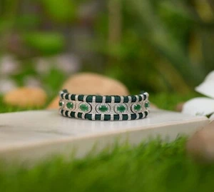 Nature's Elegance: Emerald and Diamond 925 Sterling Silver Handmade Bracelet - Picture 1 of 6