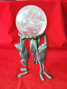 Trio of FROGS Holding Crystal Glass Ball- Stand or Paperweight 9"Tall - Picture 1 of 14