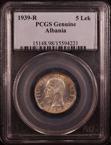 1939-R Albania Silver 5 Leke "Italian Occupation" - PCGS Unc. - Rome Mint! Rare! Cover