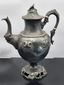 Antique 1800's Fancy Embossed Pewter 14" Coffee or TEA POT Rare Beautiful - Picture 1 of 9