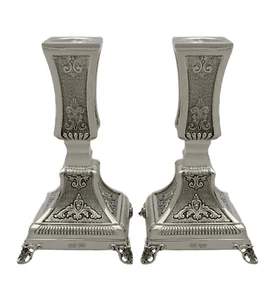 FINE SMALL 925 STERLING SILVER HANDMADE CHASED ORNATE MATTE & SHINY CANDLESTICKS - Picture 1 of 3