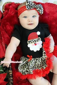 XMAS Leopard Santa Claus Print Black Bodysuit Red Leopard Girl Baby Dress NB-12M - Picture 1 of 7