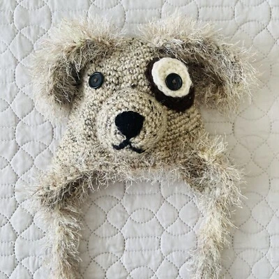 Handmade Crochet Brown Black Patch Puppy Terrier Dog Hat Youth Toddler Ear Flaps - Image 1 of 4