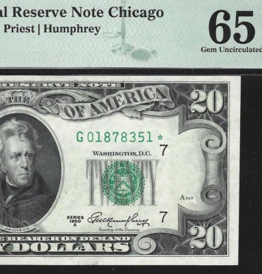 FR-2060-G* 1950-A $20 FRN G01878351 CHICAGO STAR PMG 65EPQ GEM UNCIRCULATED (ADJ - Image 1 of 4