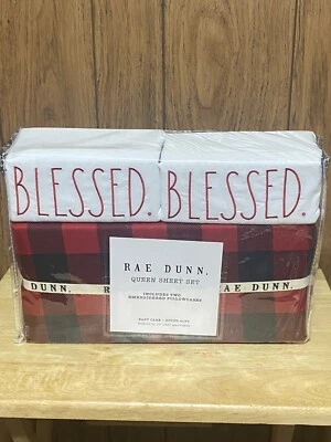 🛷 🛷Rae Dunn BLESSED Red/Black Checkered Plaid Queen Sheet Set Fast Ship 🎄🎄 - Image 1 of 2