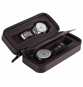 2 Watch Zippered Travel Case Carbon Fiber PU Leather Black Red - Picture 1 of 3