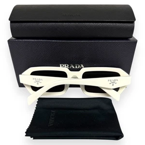 Prada Sunglasses SPR A12F 17K-08Z Polished White Silver Logo Gray Lens with Case - Picture 1 of 11