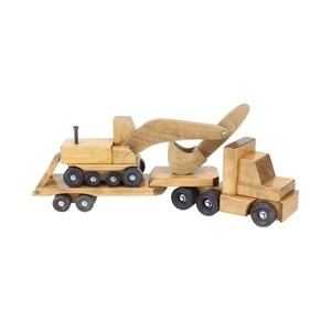 AmishToyBox.com großer Holzspielzeug LKW & Pritschenanhänger mit Bagger Set - Bild 1 von 5