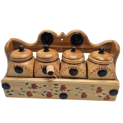 Estante de especias de madera turco vintage 4 contenedores tapas cuchara arte popular pintado a mano Foto 1 de 4
