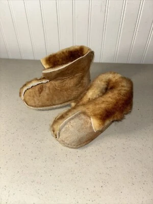 Tan Leather Fur Slippers Child Baby Moccasins Indian Style 5.5” Shoe Boot NEW - Image 1 of 4