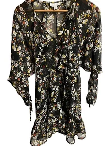 Topshop Sheer Black Floral Puff Sleeves Mini Boho Dress 6 Cruise Date Night Sexy - Picture 1 of 5