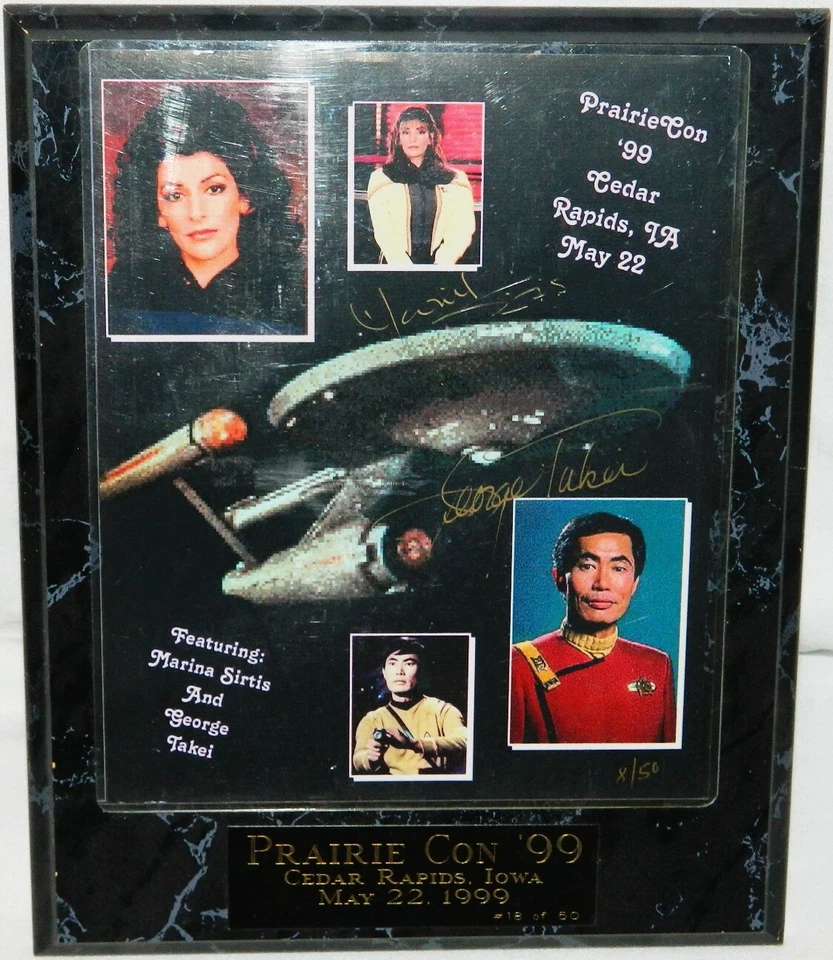 Foto autógrafa de Star Trek Marina Sirtis y George Takei Prairie Con 1999 plateada Foto 1 de 1