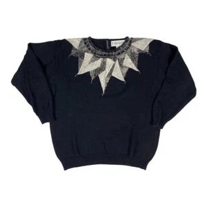 80s Black Abstract Pearl Jewel Knitted Vintage Sweater Victoria Harbour Medium - Picture 1 of 5