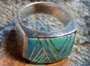 New Mens Sterling Silver Turquoise Inlay Ring by Navajo Candace Skeet Size 9 1/4 - Picture 1 of 7