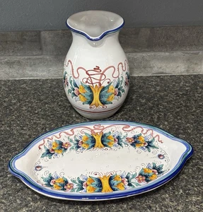 DERUTA ITALIAN POTTERY RAFFAELLESCO VARIO 13" HANDLED PLATE PLATTER & Pitcher - Picture 1 of 18