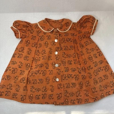 Vestido Antiguo Vintage Infantil Años 30 Naranja Teléfono Tela Cuello Gorra Manga Foto 1 de 4