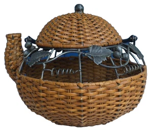 Vintage Wicker Teapot Basket Metal Handle Grapevine Accents Rustic Kitchen - Picture 1 of 8