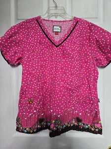 Mary Engelbreit Scrub Top Größe L - rosa/schwarz geblümt - Brustumfang 23"/L 27" - Bild 1 von 4