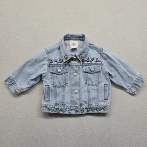 Vintage Baby Gap Girls Denim Jean Jacket S/M 3-12M with Knit Floral Embroidery - Picture 1 of 15