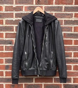 All Saints Mens ABBOT Leather Bomber Jacket SMALL Black AllSaints Hood Biker - Picture 1 of 14